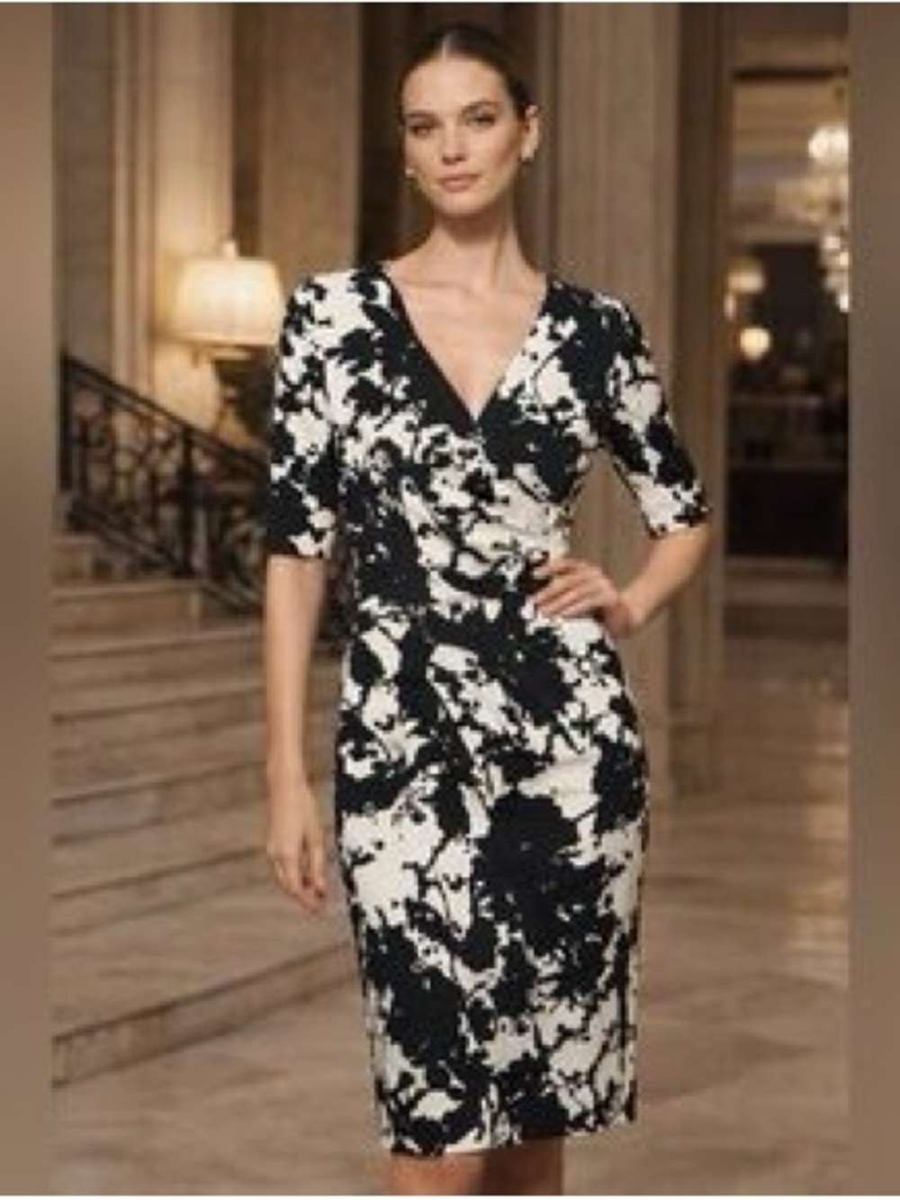Saks Fifth Avenue Black and White Floral Wrap-Style Sheath Dress